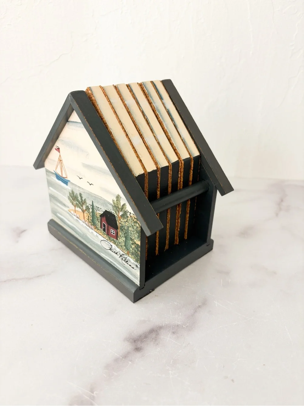Hand-Painted Lighthouse Wooden and Cork Coaster Set - Coastal Blue & Tan